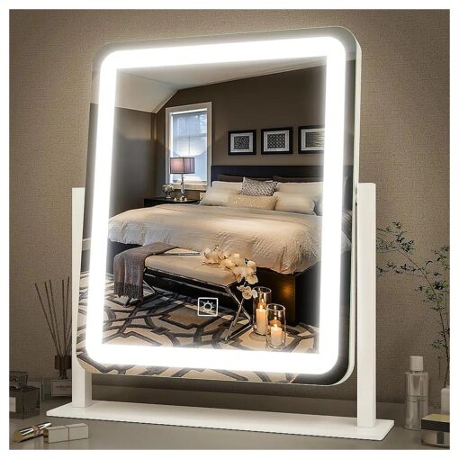 FENNIO Vanity Mirror with Lights - 15" x12.6" LED Lighted Makeup Mirror, Large Makeup Mirror with Lights, Touch Screen with 3-Color Lighting, Dimmable, for Vanity Desk Tabletop, Bedroom