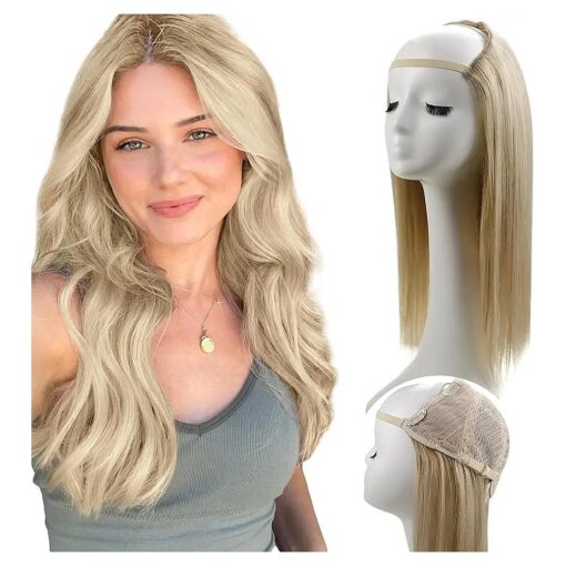 RUNATURE U Part Human Hair Wig Blonde Highlight 12 Inch 150 % Density Glueless Clip in Half Wig U Part Wig Blonde Human Hair Wig 3/4 Middle Cap Real Human Hair Wig U Shape Hair Extensions