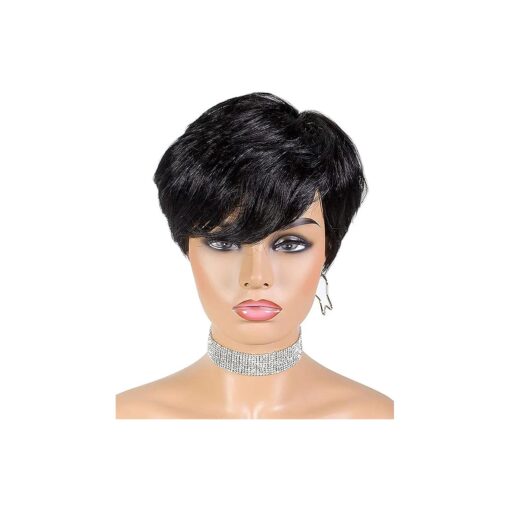 Qihang Short Human Hair Wigs for Black Women Pixie Cut Wig Human Hair Short Layered Pixie Wigs with Side Bangs Real Hair Short Wigs for Women Full Machine Made 6 Inch -Natural Black