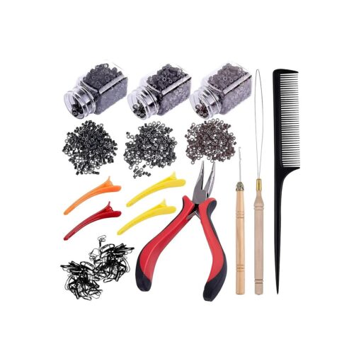 Duufin Hair Extensions Tools Kit 1500 Pcs Micro Ring Beads ( Black, Dark Brown and Brown ) 1 Micro Beads Plier 2 Hook Needle Pulling Loop 4 Plastic Hair Clips 1 Comb and 2 Bags Black Mini Hair Elastic