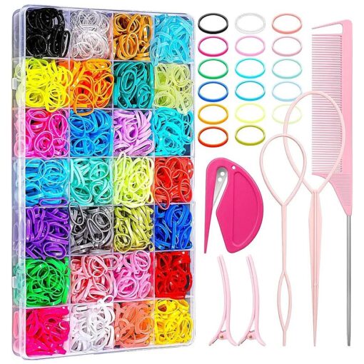 28 Colored Rubber Bands for Hair, 1500 Pcs Small Girls Hair Ties Elastic Hair Ties Hair Rubber Bands with 6 Hair Styling Tools Colorful Hair Accessories for Girls Baby Toddlers Kids