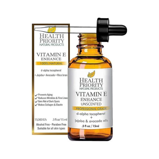 Health Priority Organic Vitamin E Oil for Skin & Scars - 15000 IU, Unscented, 0.5 Fl Oz