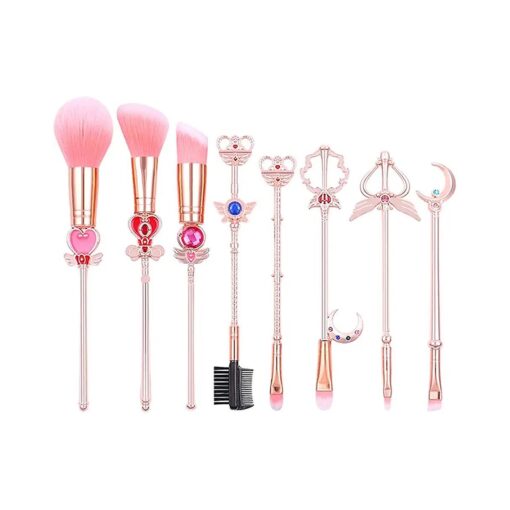 SailorMoon Makeup Brush 8pcs Set With Pouch, Magical Girl Gold/Rose Gold Cardcaptor Sakura Cosmetic Brushes With Cute Pink Bag ( 155g Rosy Gold )