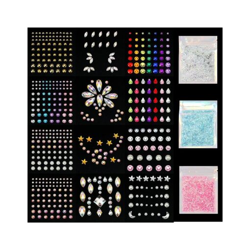 12 Sheets Face Jewels Rhinestones Crystal Stickers+15g Chunky and Fine Mix Glitter, Eye Face Body Rave Outfits Clothes Gifts for Women, Mermaid Gems Rave Festival Accessories, Makeup