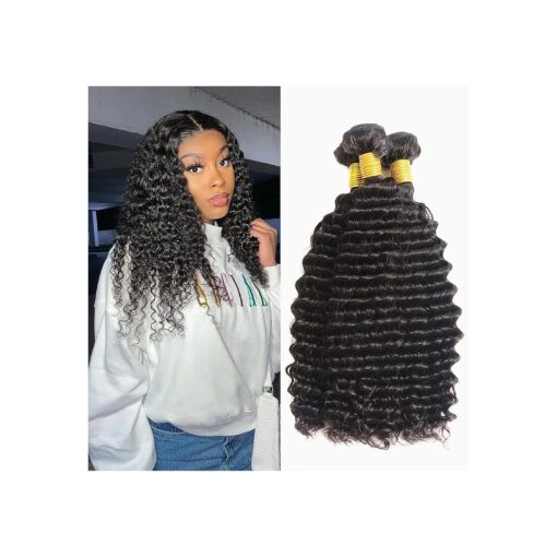 Deep Wave Human Hair Bundles 16 18 20 Inch Deep Wave Bundles 100 % Unprocessed Virgin Human Hair Bundles Double Weft Curly Bundles Human Hair for Women Natural Black