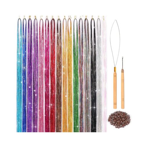 16 Colors Hair Tinsel Kit, 48 Inches 3300 Strands Tinsel Hair Extensions, Fairy Hair Tinsel for Christmas Halloween Cosplay Party, Highlights Sparkling Glitter Hair