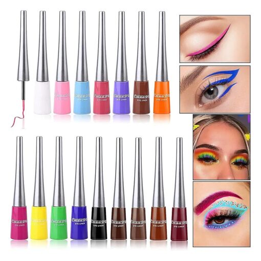 Permotary 16 PCS Matte Colorful Liquid Eyeliner Set Neon Eye Liners Pen, Waterproof Long Lasting Quick Dry Rainbow Eyeliner Eyeshadow Pencil Makeup Kit Gift for Women Girls