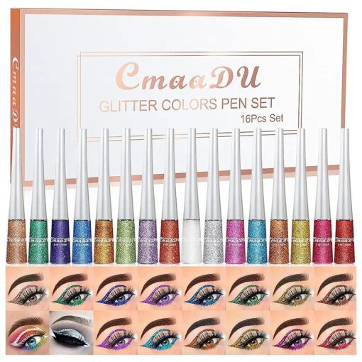 16 Colors Liquid Glitter Eyeliner Set, Metallic Shimmer Glitter Eyeshadow, Colorful Rainbow Eyeliner Long Lasting Waterproof Face Lips Art for Party Festival Makeup