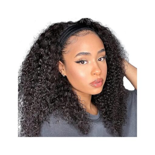 Headband Wig Human Hair 16 Inch Curly Human Hair Wigs for Black Women None Lace Front Wigs Human Hair Glueless Machine Made Kinky Curly Headband Wigs 150 % Density