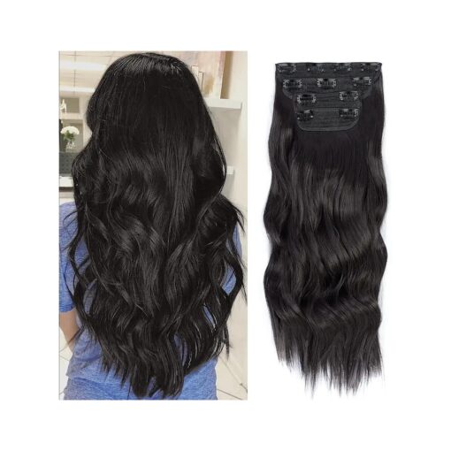 Sue Exquisite 4PCS Clip in Long Soft Glam Waves Thick Hairpieces 16 inches Natural Black Brown Hair Extensions Synthetic Fiber Double Weft Hair for Women Full Head