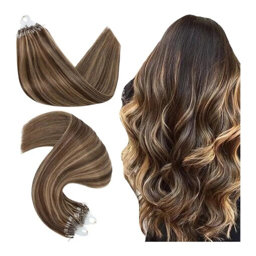 Hairro Microlinks Hair Extensions Highlighted Balayage Micro Bead Ring Loop Tipped Hair Seamless Straight Real Human Hair For Women 16 inch 50g 50 Strands # 4P27 Medium Brown mix Dark Blonde