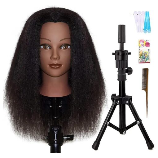 Mannequins Head 16" 100 % Real Hair For Manual Braiding Styling Practice Hairdresser Salon Wig Stand Tripod Adjustable With Tool Stand School Manikin Head Cosmetology Doll Head Training Head