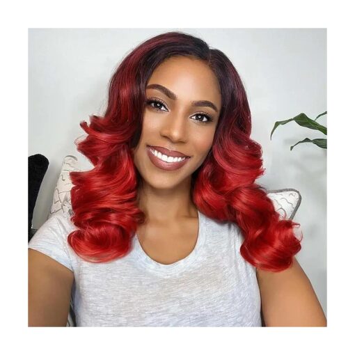 Quick Wig Loose Wave Bob Wig Side Part Short Curly Wavy Wig for Women Black Red Glueless Lace Part Synthetic Wig Shoulder Length Body Wave Wig ( 16 Inch, 1B/RED # )