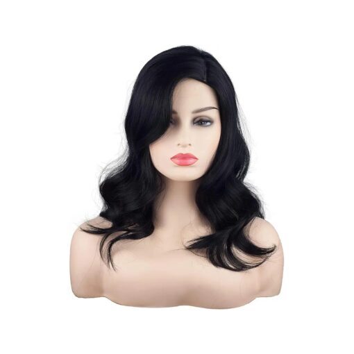 Natural Black 16 Inch Shoulder Length Wavy Wigs For Black Women Side Part Wigs For White Women Mid-Length wig Natural Looking Synthetic Curly Hair Wigs Heat Resistant ( Natural Black )