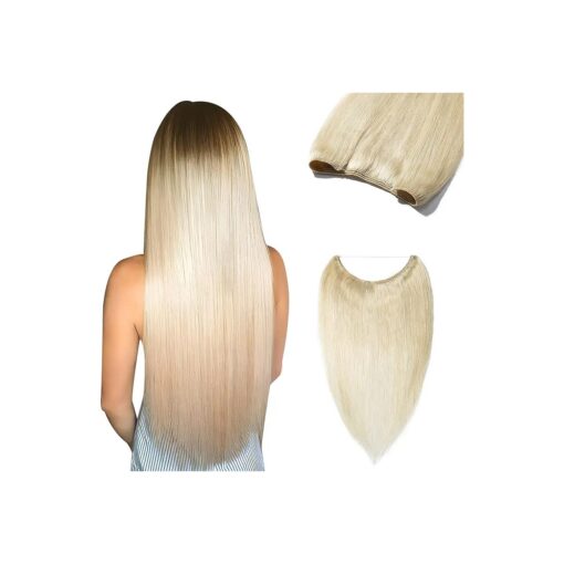 Benehair Thick Wire Hair Extensions 16 Inch 90g Invisible Wire Hair Extensions with Fish Line Platinum Blonde Hair Extensions Real Human Hair Straight Remy Hair Extensions # 60