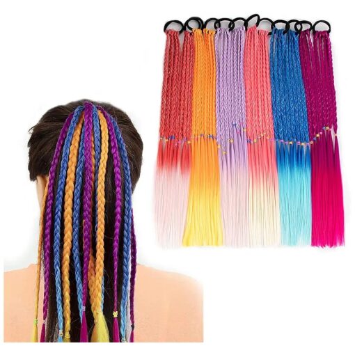 12Pcs Colored Braids Hair Extensions with Rubber Bands 16 Inch Rainbow Ponytail Hair Accessories for Kids Girls Colorful Synthetic Hairpieces for Party Highlights