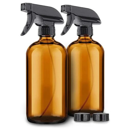 2 Pack Amber Glass Spray Bottles - 16 oz Mist & Stream Sprayer - Heavy Duty Brown Boston Round Bottle - Refillable Empty Containers for Essential Oils, Aromatherapy, Hair, Kitchen & Cleaning Solutions