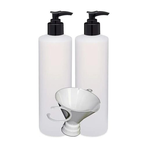 Two Pack Of Refillable 16 Oz, HDPE Plastic Pump Bottles With Patented Screw On Funnel-Great For Dispensing Lotions, Shampoos and Massage Oils .