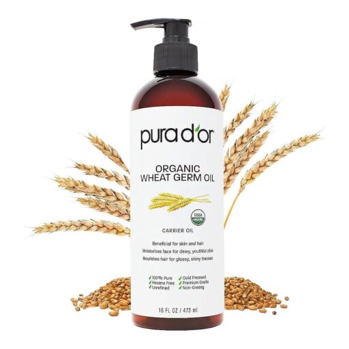 PURA D'OR 16 Oz ORGANIC Wheat Germ Oil - 100 % Pure & Natural USDA Certified Cold Pressed Carrier Oil - Vitamin E Rich, Moisturizing & Nourishing Anti-Aging Properties - Healthy Hair Growth & Skincare