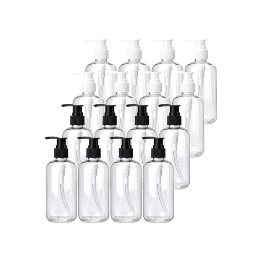 Bekith 16 Pack Empty Lotion Bottles with Black and White Pumps, 8oz Plastic Clear Round Bottles Containers for Creams, Hand Soap, Body Wash