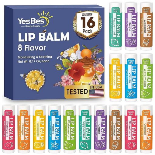 16 Pack Lip Balm, Natural Lip Balm Bulk with Vitamin E and Coconut Oil, Moisturizing Lip Balm for Dry Cracked Lips, Lip Balm for Stocking Stuffers - 8 Flavors