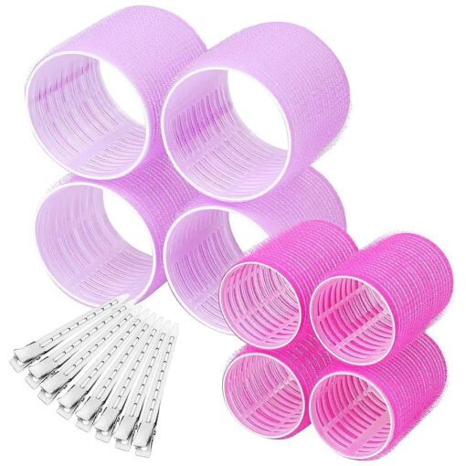 Self Grip Hair Rollers Curlers 16 Pcs Set with 8Pcs Hair Rollers 2 Sizes ( 4 Jumbo & 4 Large ) and 8 Pcs Hair Clips for Long Medium Short Thick Fine Thin Hair Volume