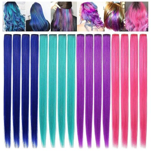 16 Pcs Princess Colored Extensions Multi-Colors Party Highlights Streak Synthetic Hairpieces Clip-In/Clip On Colored Hair Extensions ( Blue Purple Teal Pink )