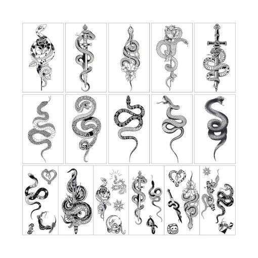 16 Sheets Realistic Snake Temporary Tattoo 3D Tribal Serpent Fake Tattoos Waterproof Peony Fake Rose Tattoos Temporary Viper Floral Designed Tattoo Stickers with Forearm Swords for Arm Body Art, Black