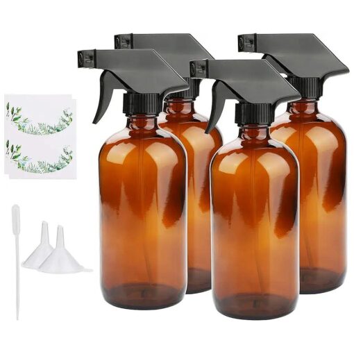 Empty Spray Bottles, Amber Glass Bottle With Labels & Lids, Refillable Container for Water, Essential Oils, Cleaning Products, Two kinds Lids are available for replacement ( 16 oz, 4 Pcs )