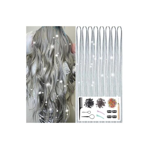 Hair Tinsel Kit With Tools 8pcs 1600 Strands Glitter Tinsel Hair Extensions Heat Resistant Highlights Sparkling Fairy Hair for Women Girls ( Silver )