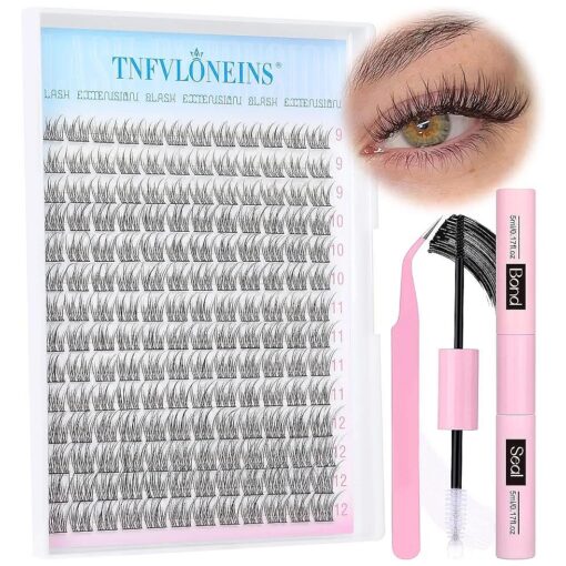 Natural Lash Extension Kit 168Pcs Lash Clusters Kit Wispy Eyelash Extensions 9-12MM Individual Lashes Extensions with Bond and Seal Lash Glue and Eyelash Extension Tweezers DIY at Home by TNFVLONEINS