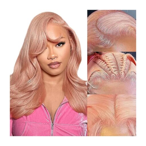 Pink Human Hair Lace Front Wig 16Inch Pink Blonde Body Wave Lace Front Wig Pre Plucked 13x4 HD Lace Front Wigs Human Hair 150 % Density Rose Gold Lace Front Wigs Human Hair with Baby Hair