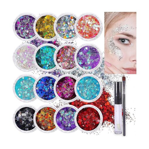 Chunky Holographic Body Glitter I 16 Colors + Glitter Glue for Face Glitter Makeup, Hair, Eye & Fine Glitter Eyeshadow - Perfect for Halloween, Slime, Resin, Tumblers, Craft, Cosmetic & Nail Art