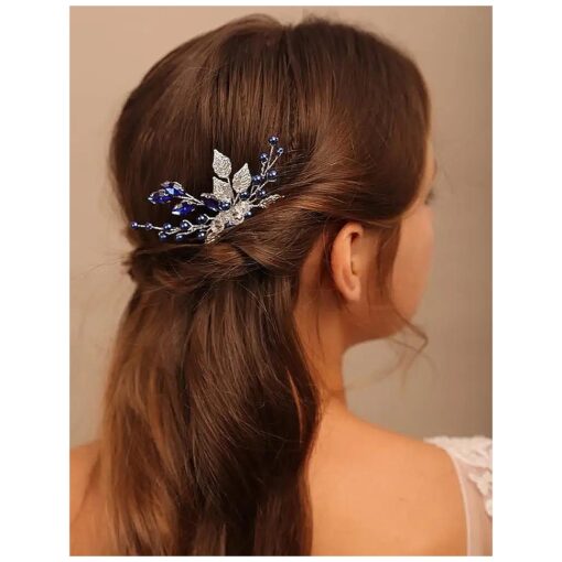 YERTTER Wedding Crystal Leaf Bridal Hair Comb Clip Pearl Wedding Hair Accessories for Bride Bridesmaid Flower Girls ( Blue )