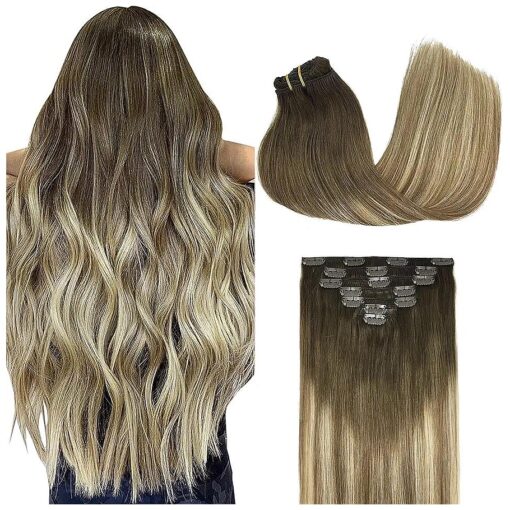 GOO GOO Clip in Hair Extensions Real Human Hair, 16inch 120g 7Pcs, 3/8/613 Balayage Walnut Brown to Ash Brown and Bleach Blonde, Remy Human Hair Extensions Clip ins for Women, Natural Human Hair