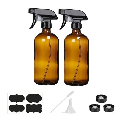 16 oz Amber Glass Spray Bottles - 2 Pack Refillable Empty Bottle for Cleaning Solutions, Essential Oils, Plants, Hair Mister - with Labels & Funnel, Dropper ( 16oz-2pack, Amber )