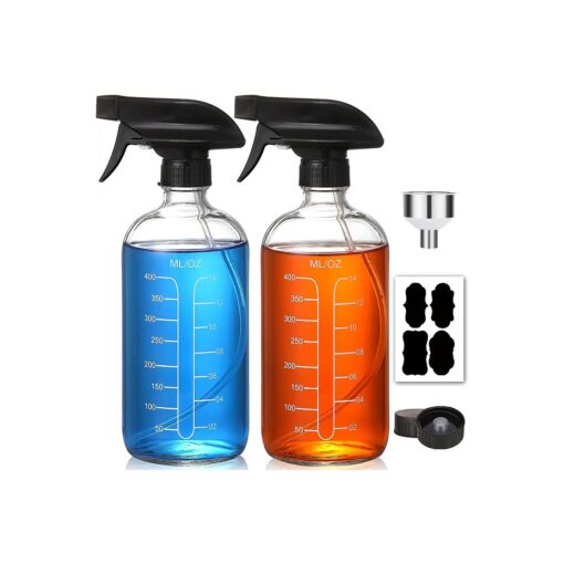 AOZITA 16oz Clear Glass Spray Bottles with Measurements - Empty Reusable Refillable Container with Funnel and Labels for Mixing Essential Oils, Homemade Cleaning Products ( 2 Pack )