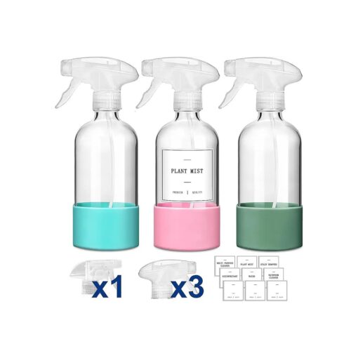 GMISUN Glass Spray Bottles for Cleaning Solutions, 16oz Reusable Spray Bottles for Cleaning, 3Pack Clear Empty Cleaning Bottles with Silicone Sleeve and Labels for Plants - 3pcs Upgraded Nozzles