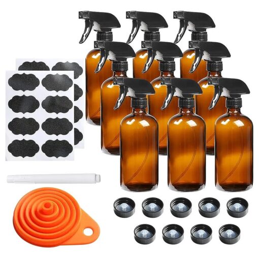 9 Pack Glass Spray Bottle 16oz, Empty Amber Spray Bottle Refillable Container for Essential Oils, Cleaning Products, Aromatherapy spray device