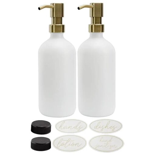 Darware 16oz Glass Pump Bottles ( Set of 2, White w/Gold ) ; Soap Dispenser Pump Bottles with Brushed Metal Pump Tops