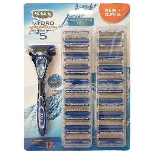 Schick Newly Improved Hydro Premium 5 Men 's 5 Blade Razor Set with 1 Handle and 17 Blades Equipped with Moisture Gel Reservoir - 40 % decrease of Skin Irritation - Good for Wet Shaving