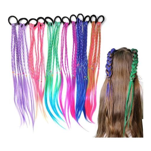 17 Inch Girls Rubber Bands Hair Extensions for Kids, Crazy Hair Day Accessories Colorful Wigs Colored Braids for for Women Girls Kids, Hair with Rubber Bands Rainbow Braided Synthetic Hairpieces Ponytail for 12pcs ( Multicolor )