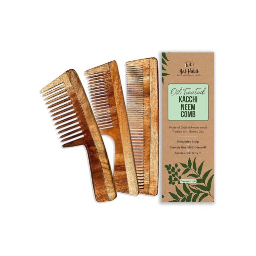 Kacchi Neem Comb, Wooden Comb, Hair Growth, Comb For Men, Women, Treated With Neem Oil, ( Dual + Wide + Fine Combo ) 18-20Cm Length Brown