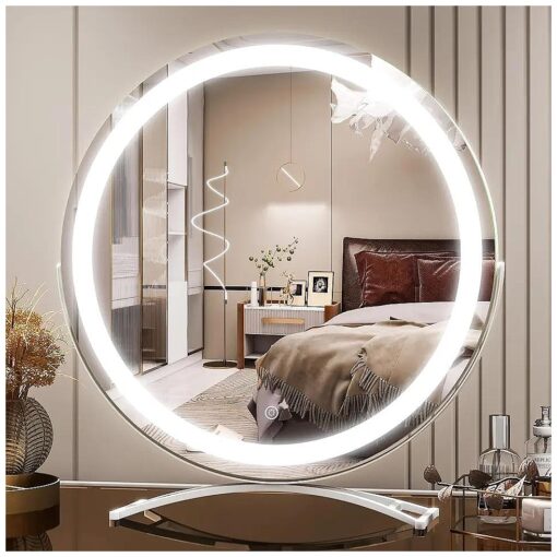 Vierose 18 Inch Large Vanity Mirror with Lights, Round Light Up Makeup Mirror, LED Mirror Makeup Mirror with Lights for Bedroom Tabletop, Smart Touch Control 3 Colors Dimmable, 360deg Rotation ( White )