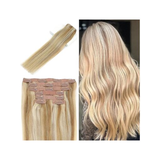 Clip in Hair Extensions 18 Inch 120g 7pcs Highlight Dirty Blonde to Bleach Blonde Real Clip in Human Hair Extensions Remy Natural Hair Extensions for Women ( P18/613, 18 Inch )