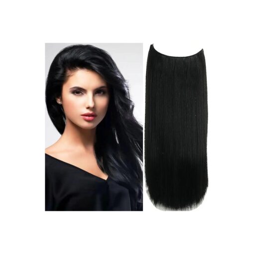 Invisible Wire Real Human Hair Extensions Transparent Wire Adjustable Size 4 Secure Clips Long Straight Secret Hairpiece 18 Inch Black for Women