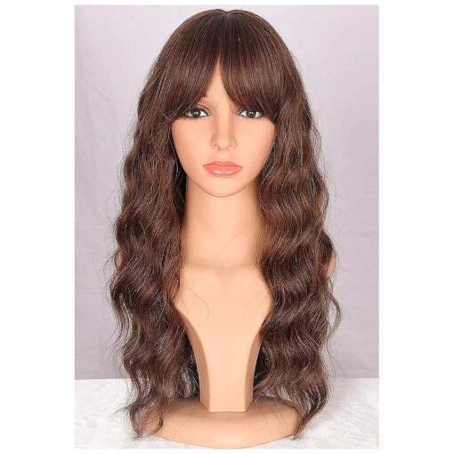 Chocolate Brown Wigs With Bangs Medium Long Brown Wavy Wigs For Women Synthetic Brown Hair Replacement Wigs Daily Use Wigs 18 Inch ( Chocolate Brown )