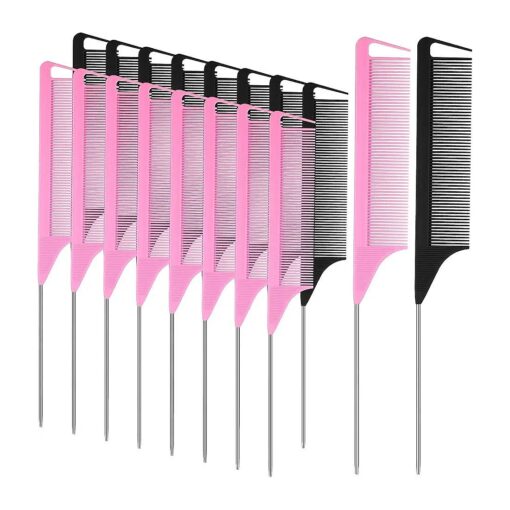 18 Pieces Parting Comb for Braids, Rat Tail Comb Stainless Steel Pintail Comb Teasing Combs for Hair Cutting Hair Styling Hairdressing ( Black, Pink )