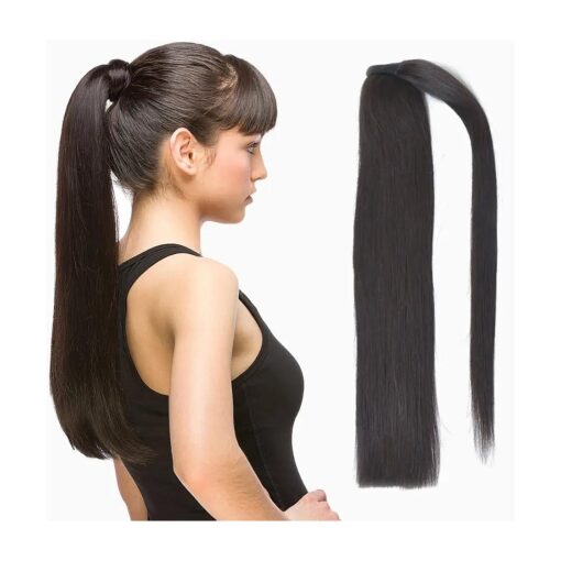 18" Straight Wrap Around Ponytail Human Hair Extensions for Women 70gram Natural Black 1B #