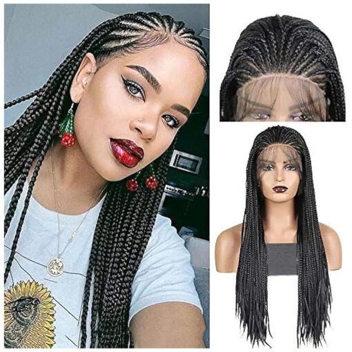 180 % Density Black Box Braided Wigs Pre Plucked Braids Lace Front Wigs for Black Women with Baby Hair Glueless Micro Braids Synthetic African Replacement Hair ( 24Inch, Black )